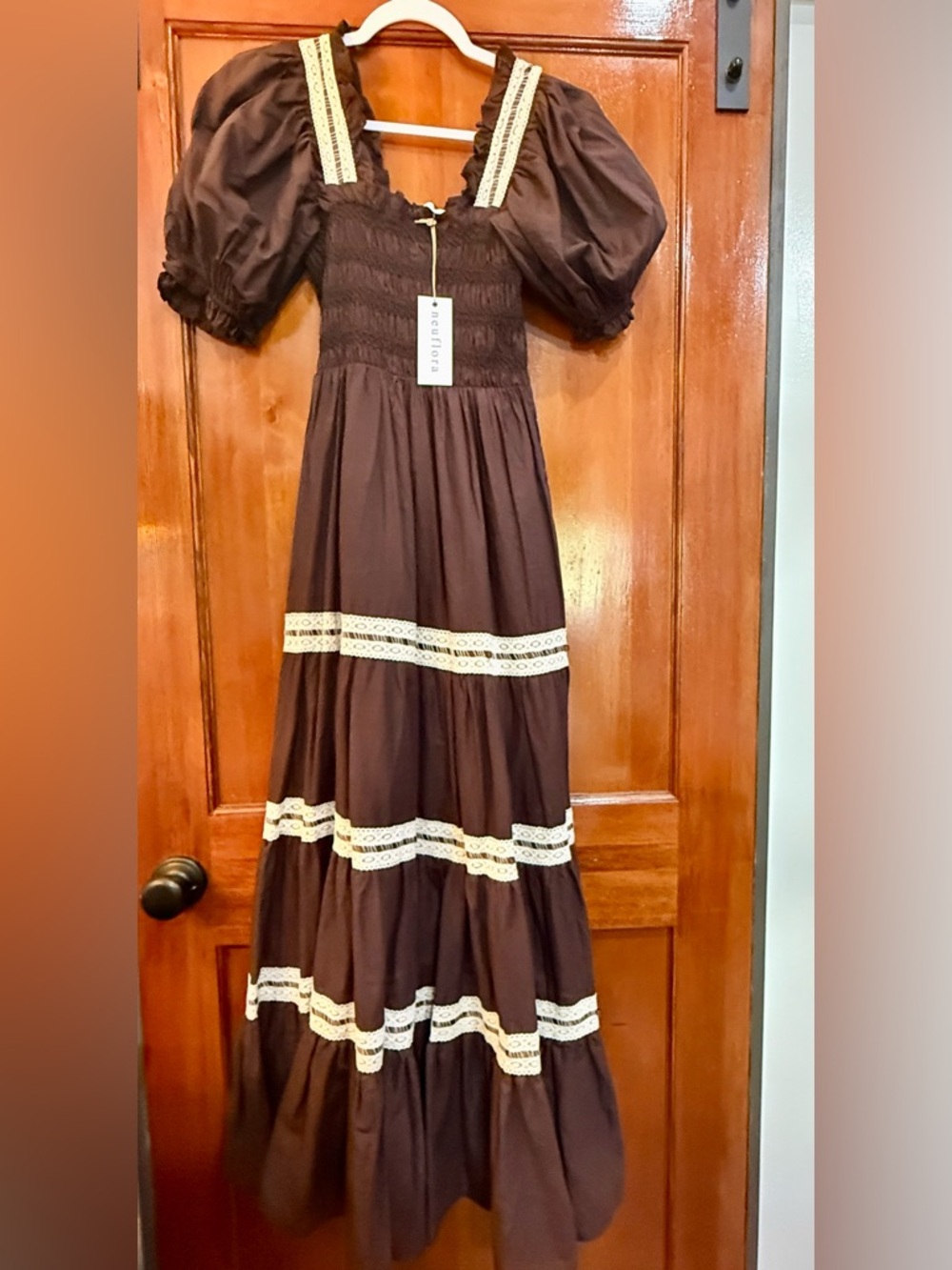 Neuflora Kira Chocolate Brown Smocked Dress with Lace Straps